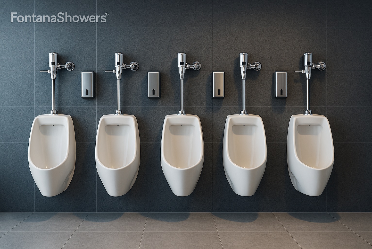 Commercial latrine bay with automatic flush valves, ceramic urinals, and wall-mount soap dispensers by FontanaShowers